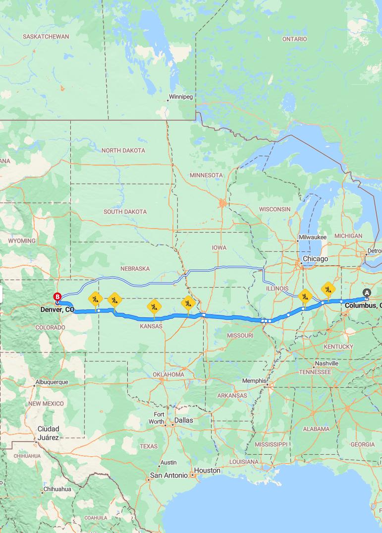 driving from Columbus, Ohio to DenverColorado - map and route