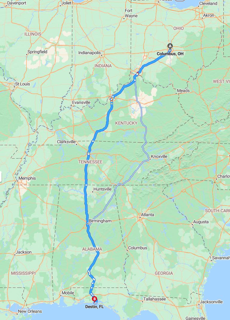 driving from Columbus, Ohio to DestinFlorida - map and route