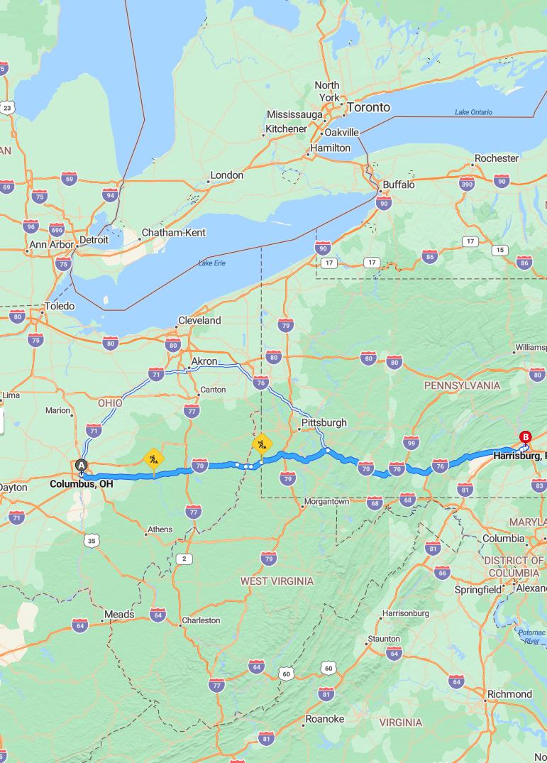 driving from Columbus, Ohio to HarrisburgPennsylvania - map and route
