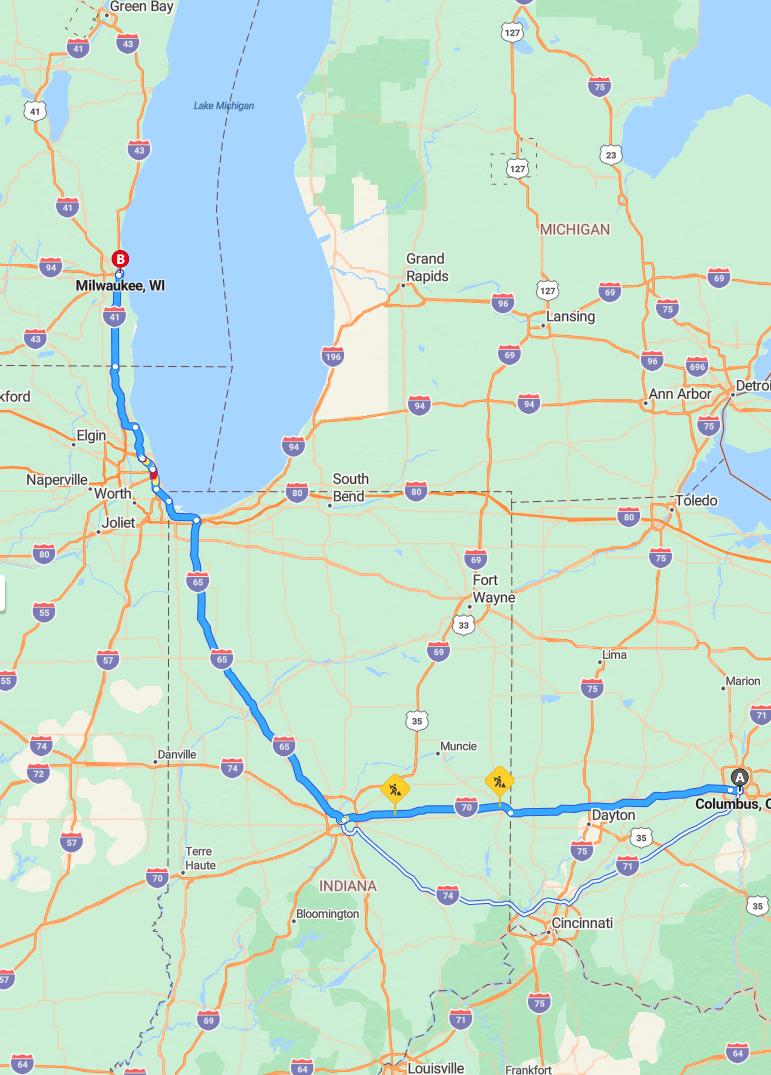 driving from Columbus, Ohio to MilwaukeeWisconsin - map and route