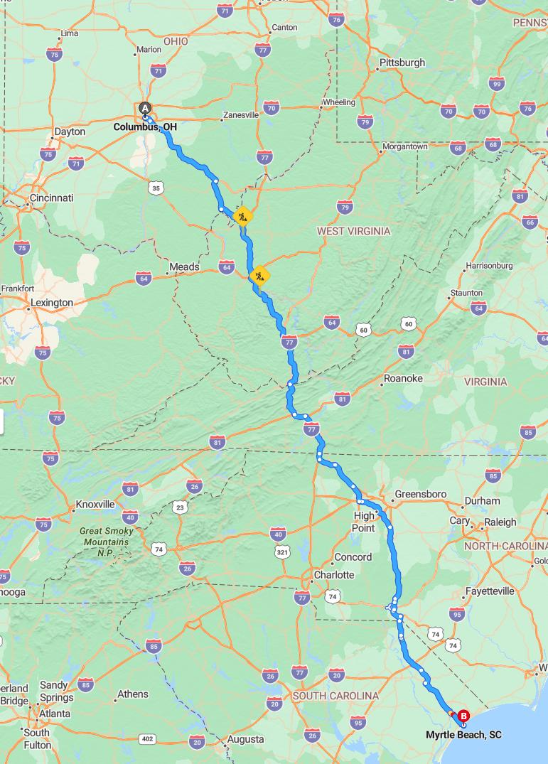 driving from Columbus, Ohio to Myrtle BeachSouth Carolina - map and route
