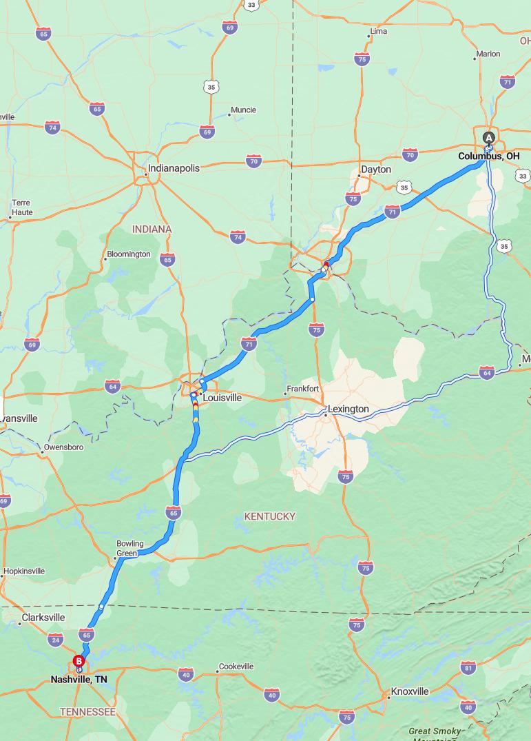 driving from Columbus, Ohio to NashvilleTennessee - map and route