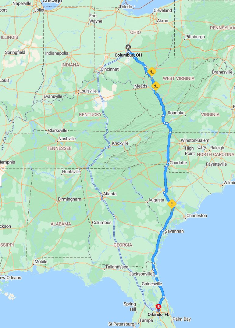 driving from Columbus, Ohio to OrlandoFlorida - map and route