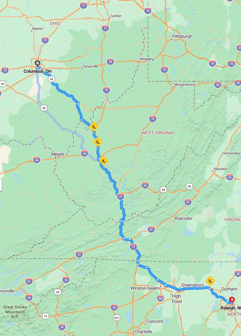 driving from Columbus, Ohio to RaleighNorth Carolina - map and route
