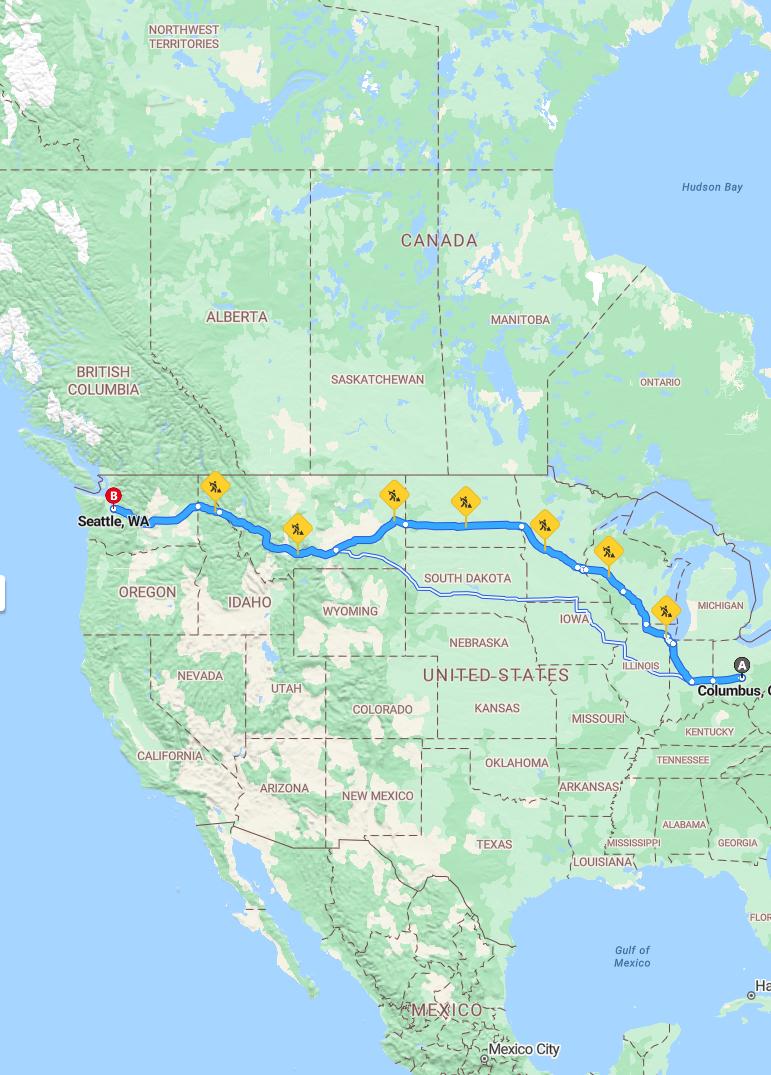 driving from Columbus, Ohio to SeattleWashington - map and route