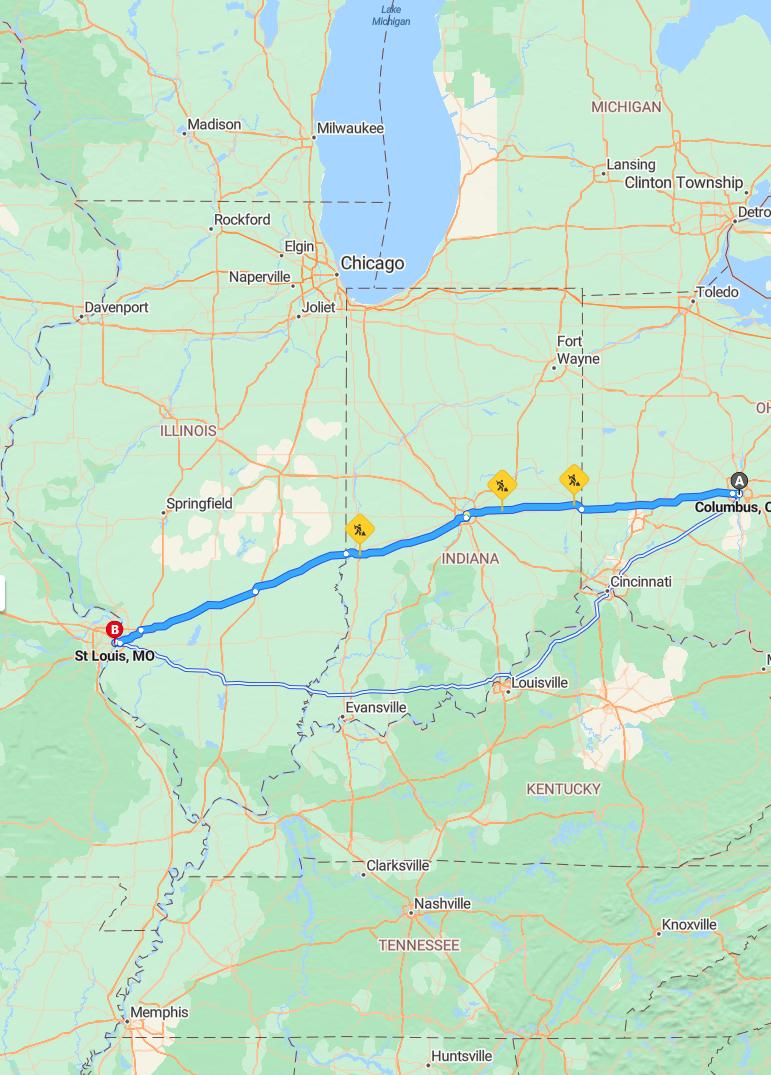 driving from Columbus, Ohio to St. LouisMissouri - map and route
