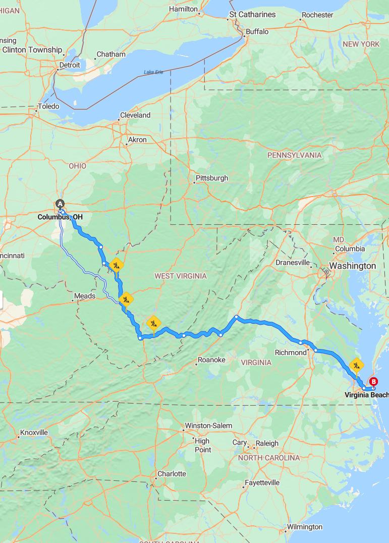 driving from Columbus, Ohio to Virginia BeachVirginia - map and route