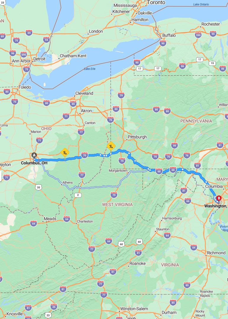 driving from Columbus, Ohio to WashingtonDistrict of Columbia - map and route