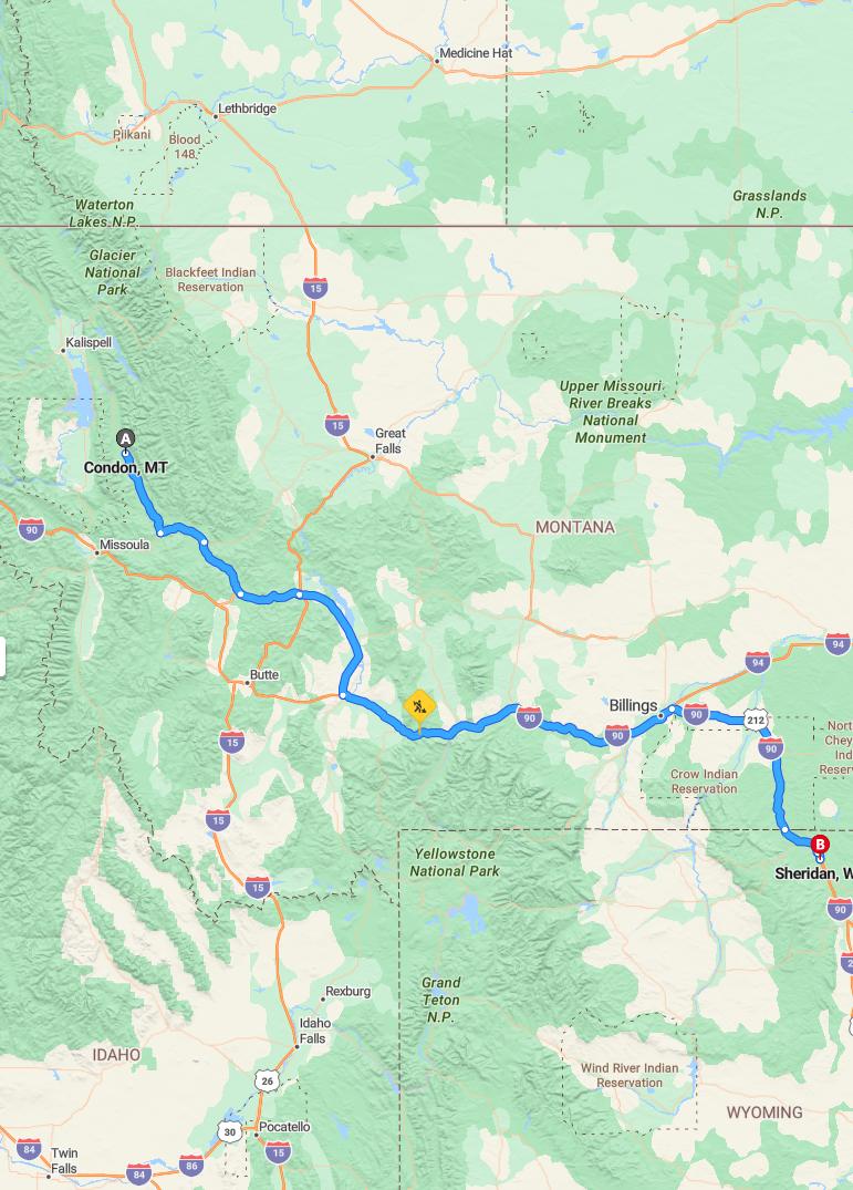 driving from Condon, Montana to SheridanWyoming - map and route