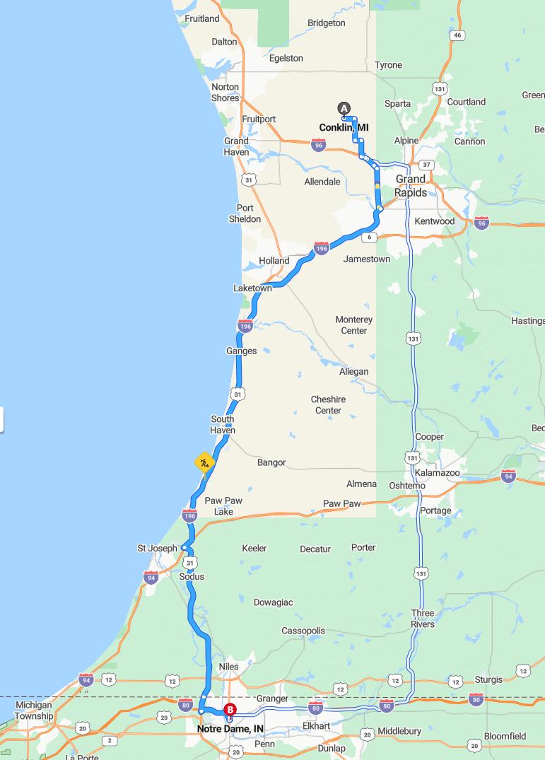 driving from Conklin, Michigan to Notre DameIndiana - map and route