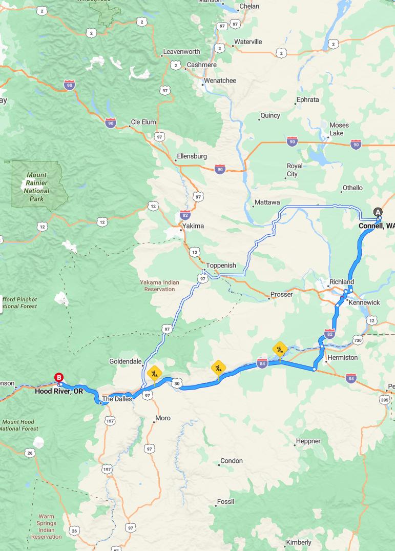 driving from Connell, Washington to Hood RiverOregon - map and route