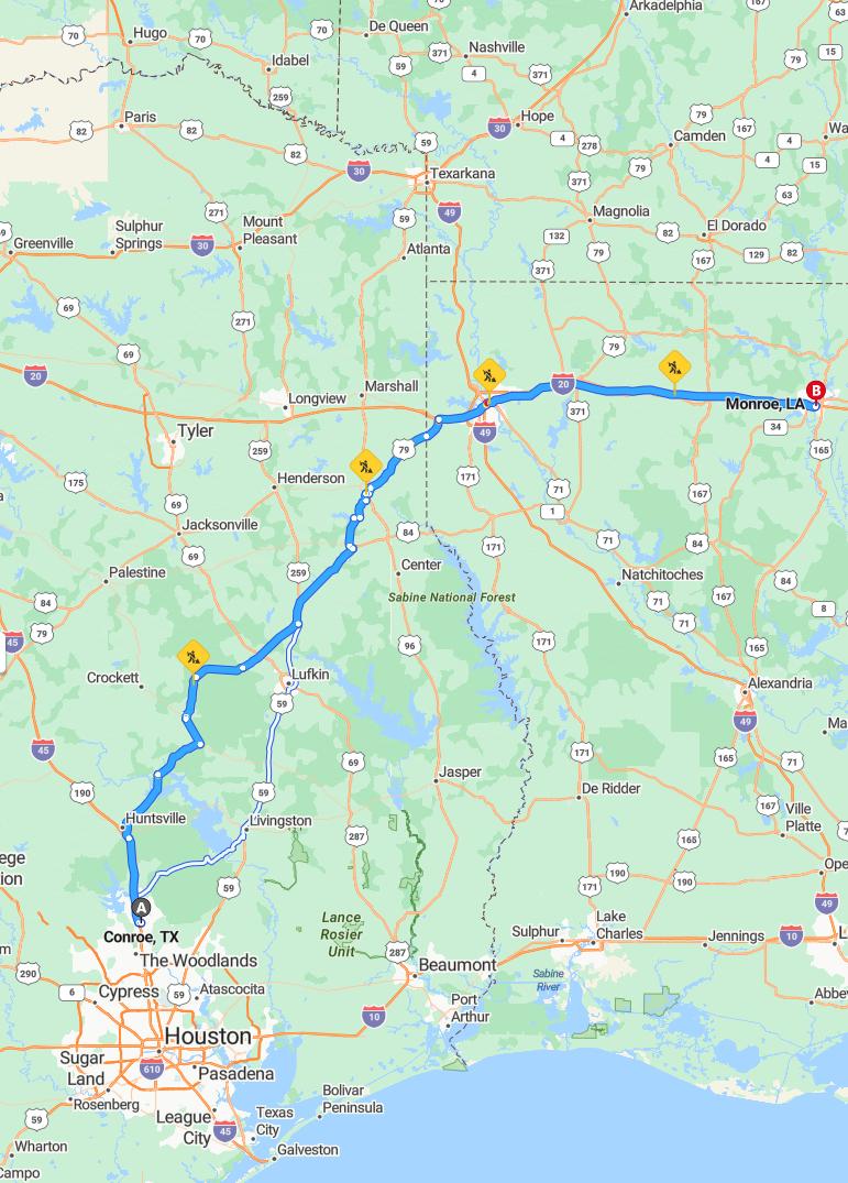 driving from Conroe, Texas to MonroeLouisiana - map and route