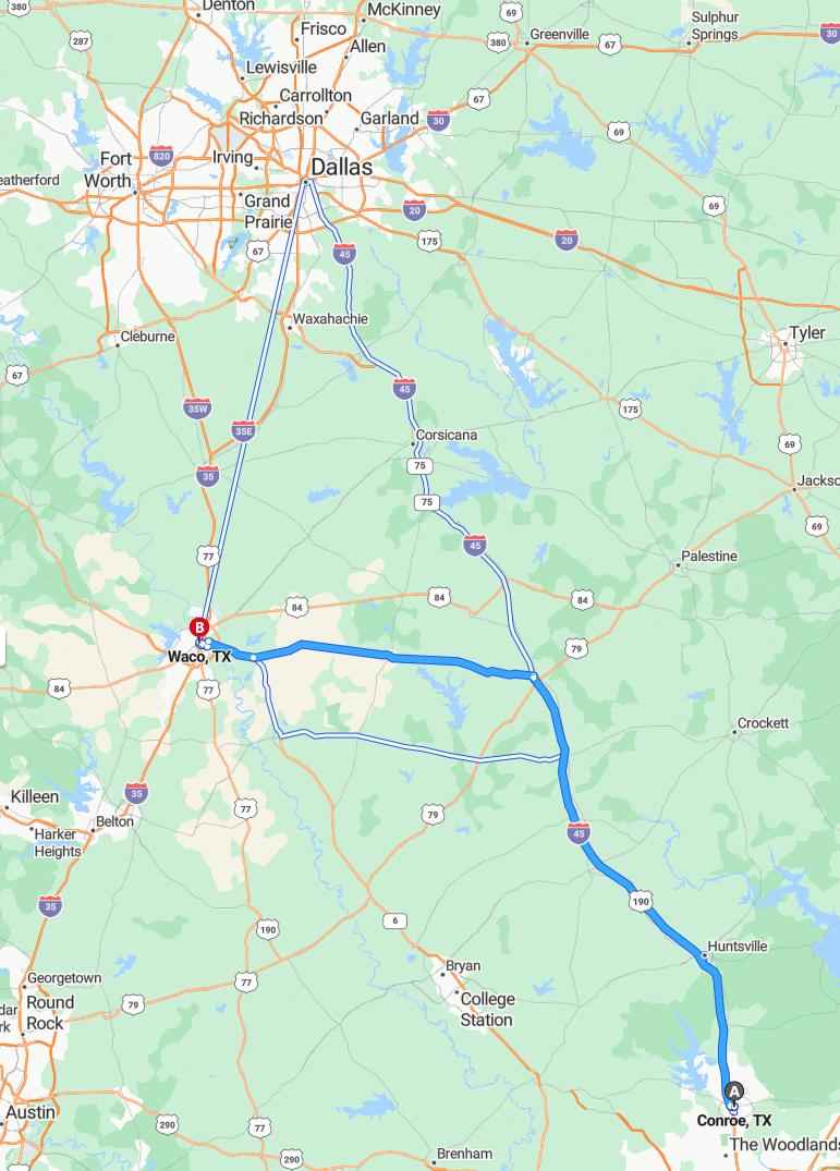 driving from Conroe, Texas to WacoTexas - map and route
