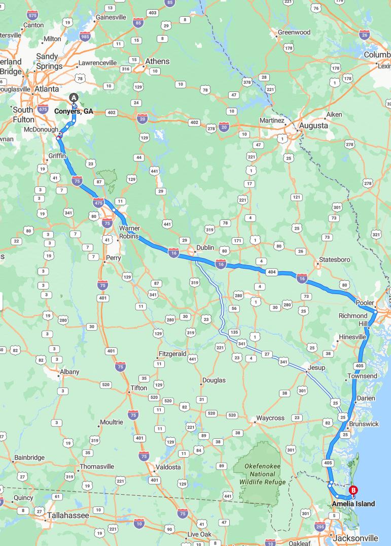 driving from Conyers, Georgia to Amelia IslandFlorida - map and route