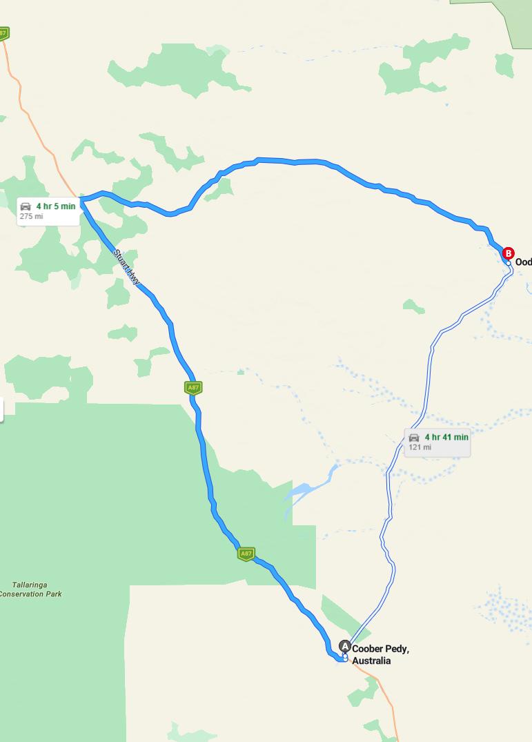 driving from Coober Pedy, South Australia to OodnadattaSouth Australia - map and route
