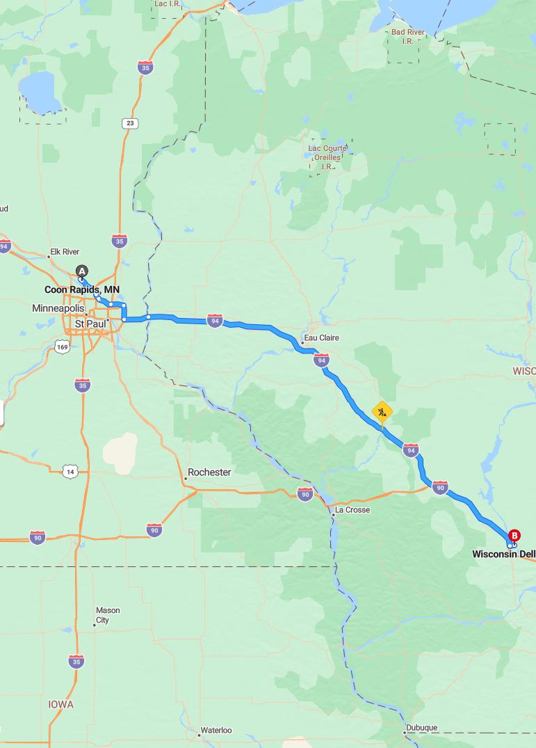 driving from Coon Rapids, Minnesota to Wisconsin DellsWisconsin - map and route
