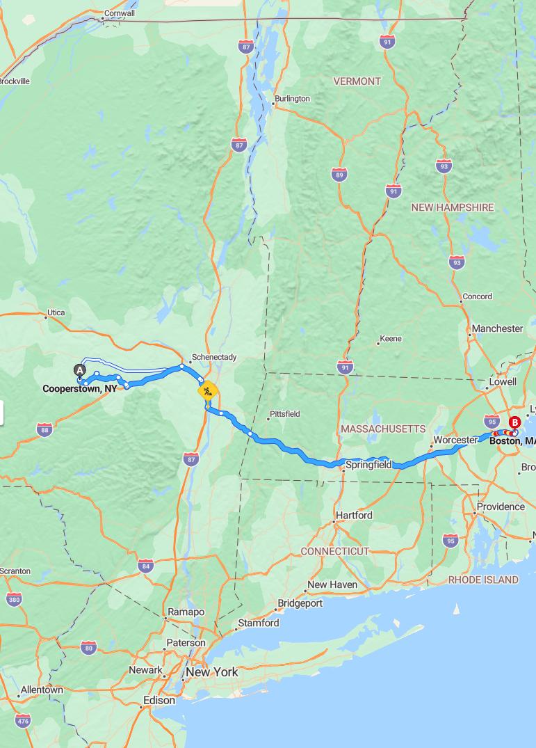 driving from Cooperstown, New York to BostonMassachusetts - map and route