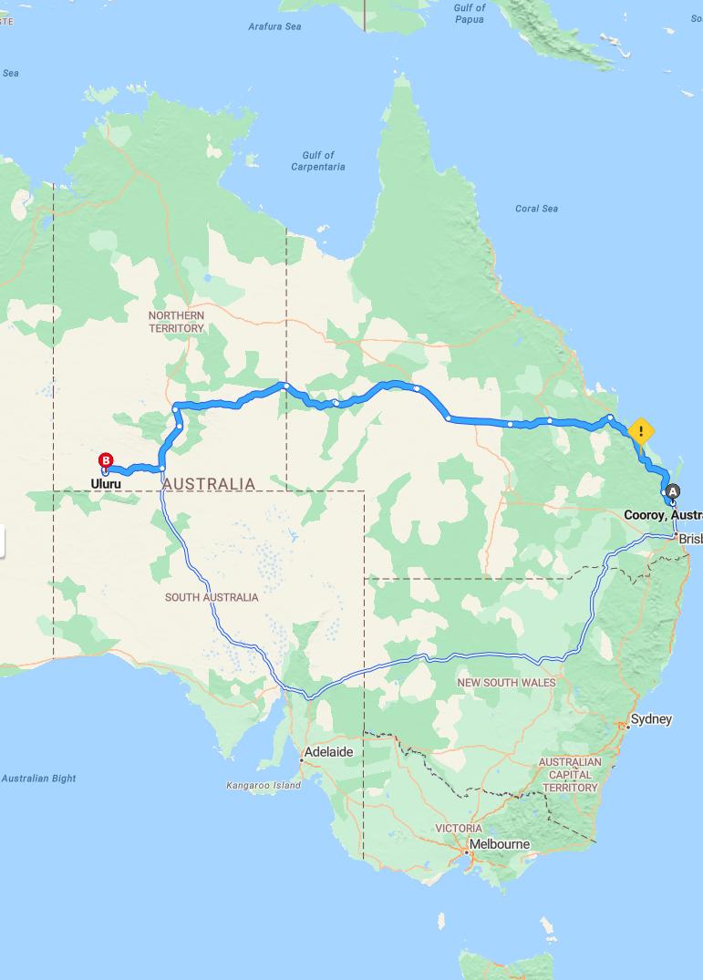 driving from Cooroy, Queensland to UluruNorthern Territory - map and route