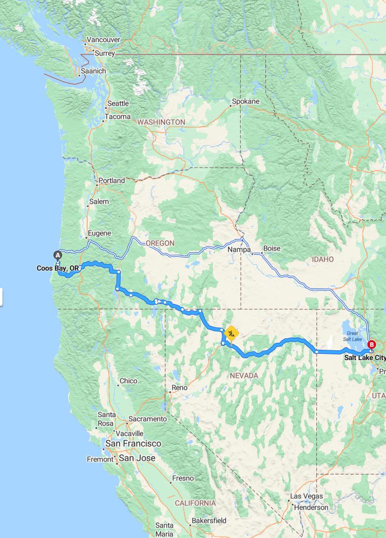 driving from Coos Bay, Oregon to Salt Lake CityUtah - map and route