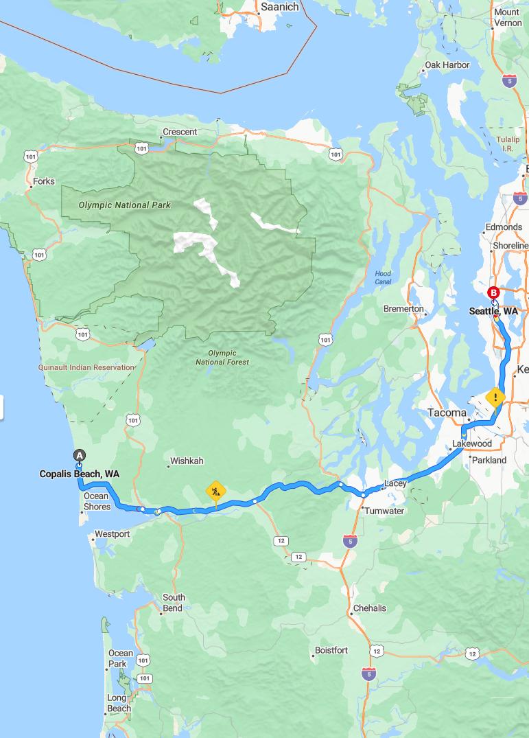 driving from Copalis Beach, Washington to SeattleWashington - map and route