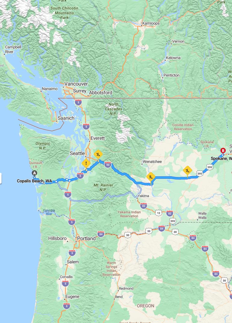 driving from Copalis Beach, Washington to SpokaneWashington - map and route