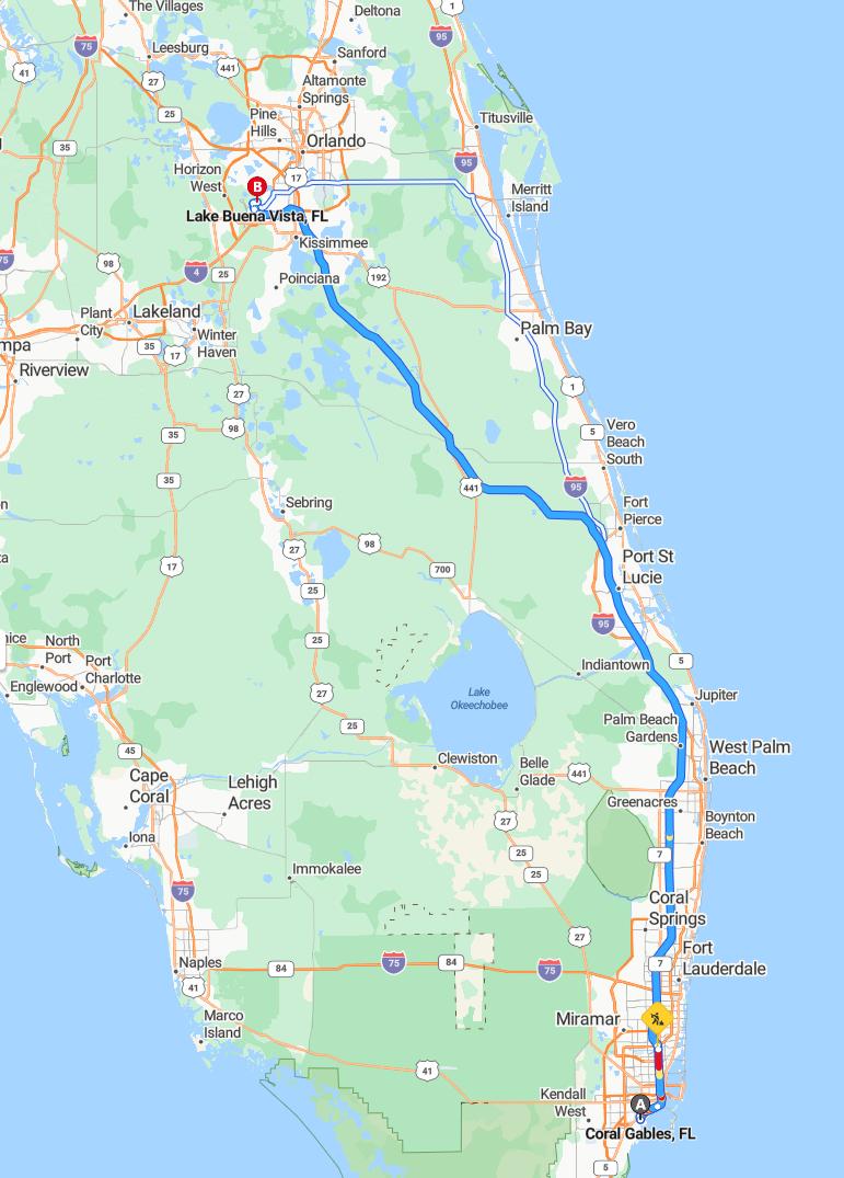 driving from Coral Gables, Florida to Lake Buena VistaFlorida - map and route