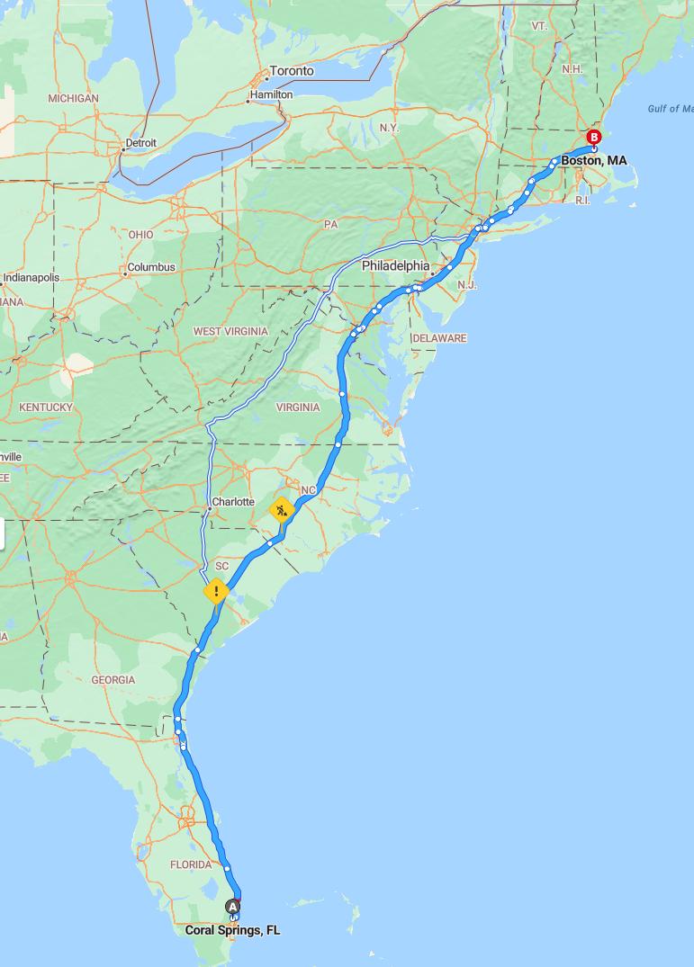 driving from Coral Springs, Florida to BostonMassachusetts - map and route