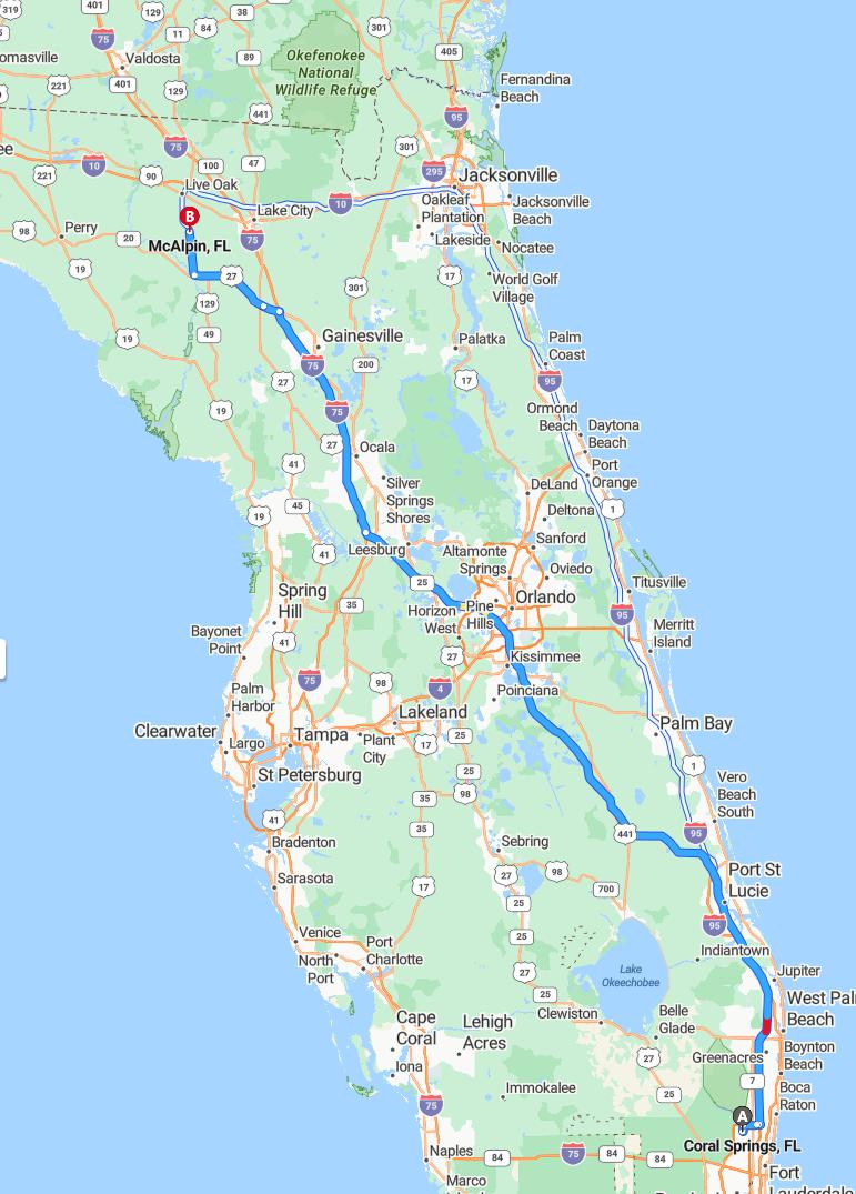 driving from Coral Springs, Florida to McAlpinFlorida - map and route