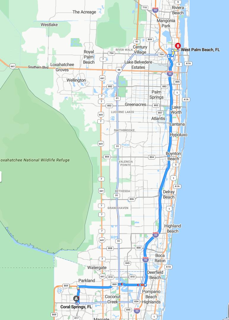 driving from Coral Springs, Florida to West Palm BeachFlorida - map and route