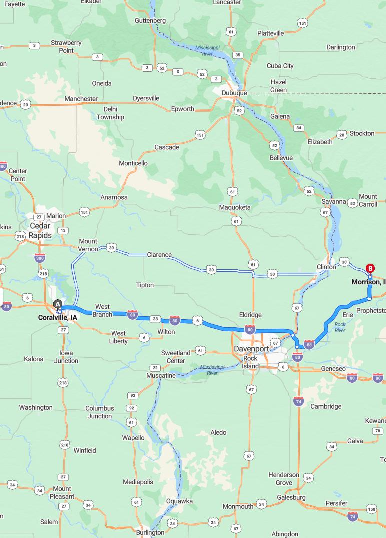 driving from Coralville, Iowa to MorrisonIllinois - map and route