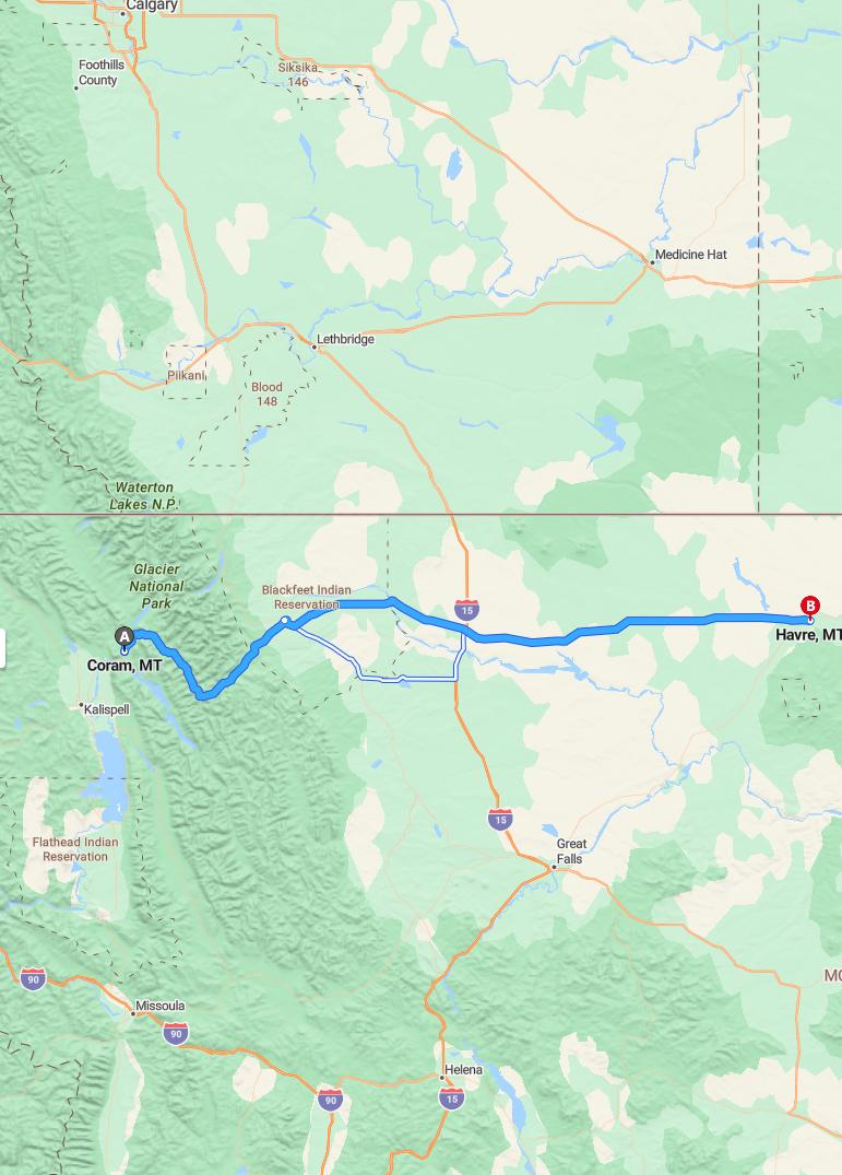 driving from Coram, Montana to HavreMontana - map and route