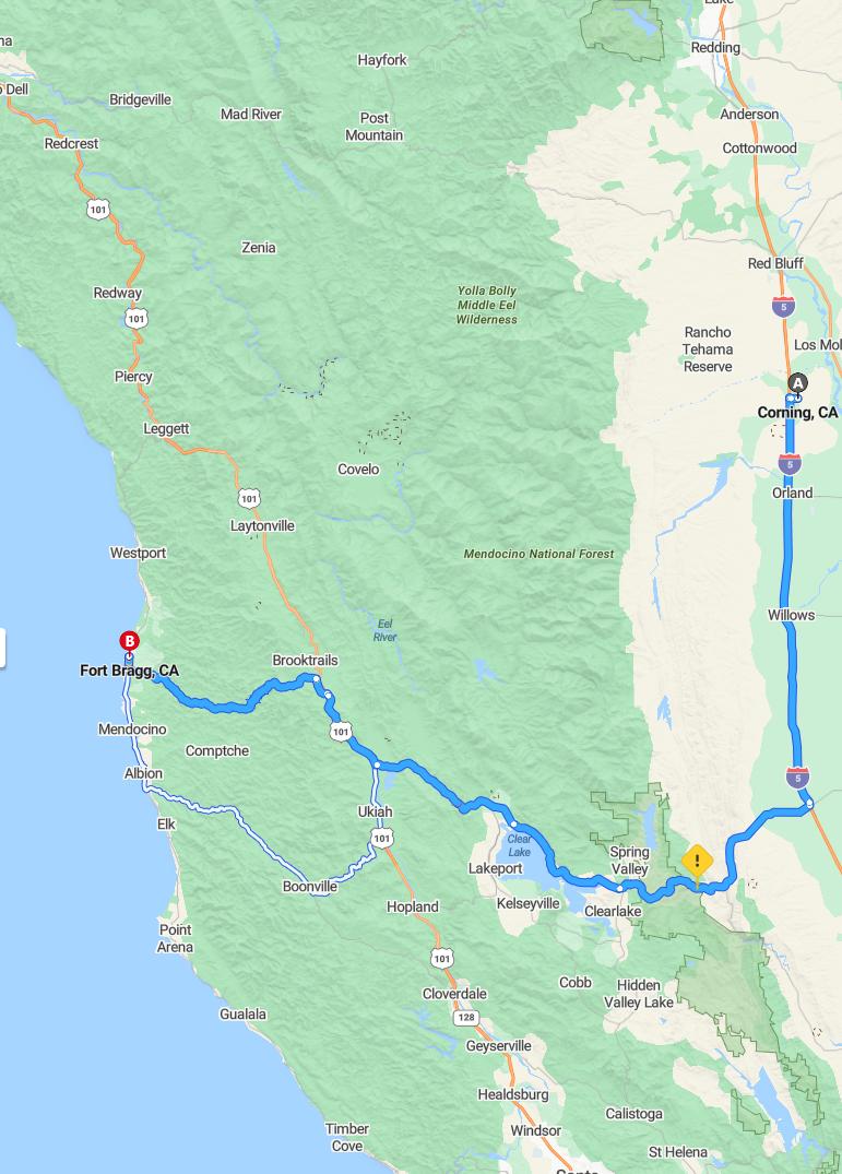 driving from Corning, California to Fort BraggCalifornia - map and route