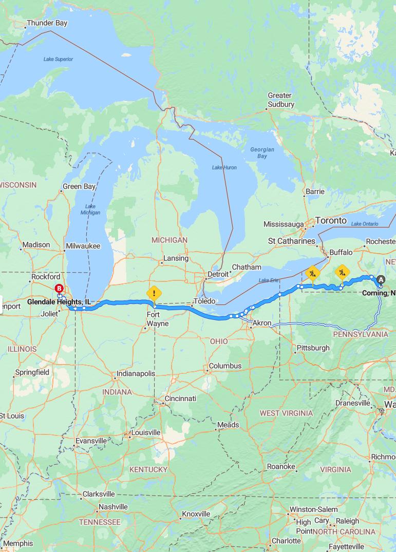 driving from Corning, New York to Glendale HeightsIllinois - map and route