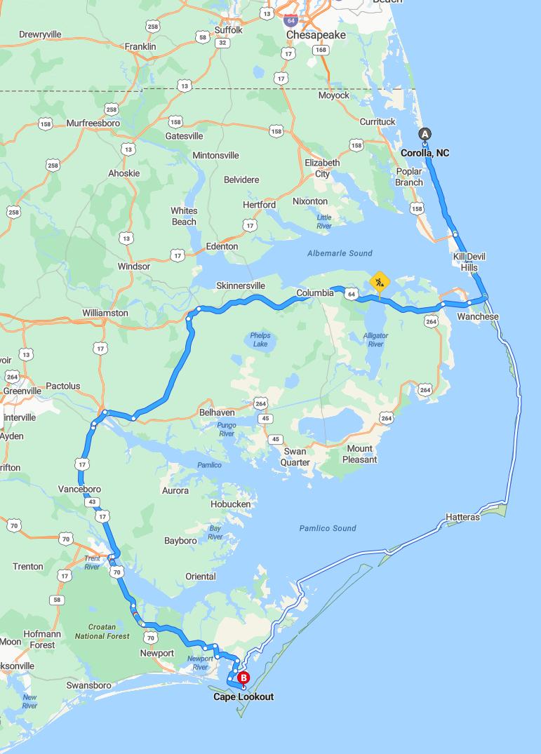 driving from Corolla, North Carolina to Cape LookoutNorth Carolina - map and route