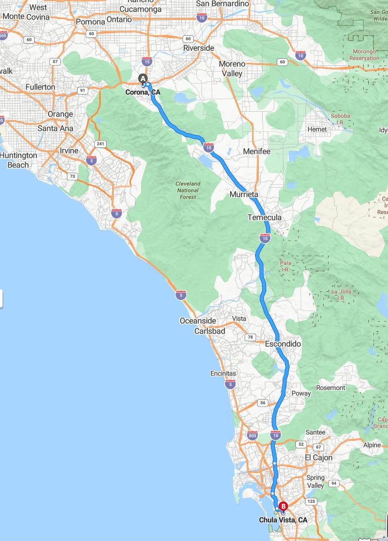 driving from Corona, California to Chula VistaCalifornia - map and route