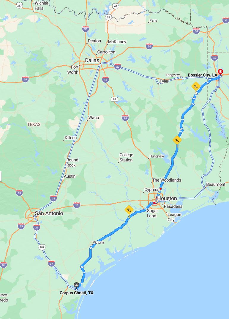 driving from Corpus Christi, Texas to Bossier CityLouisiana - map and route