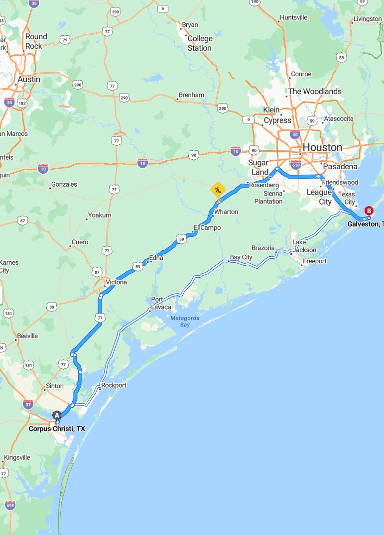 driving from Corpus Christi, Texas to GalvestonTexas - map and route