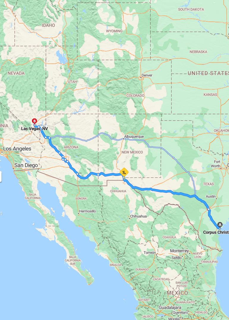 driving from Corpus Christi, Texas to Las VegasNevada - map and route