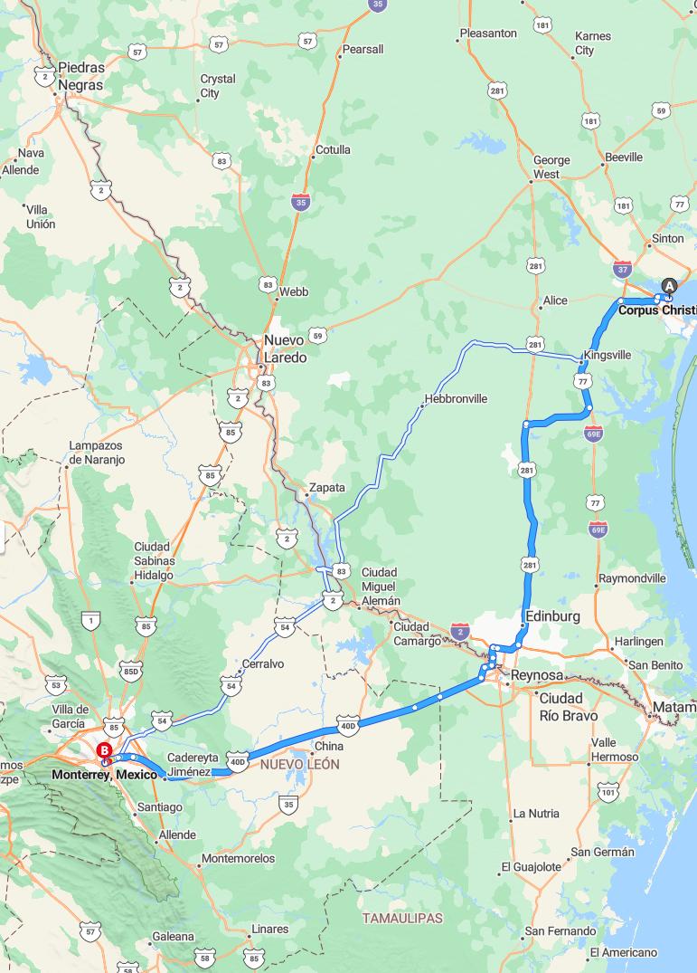 driving from Corpus Christi, Texas to MonterreyNuevo Leon - map and route