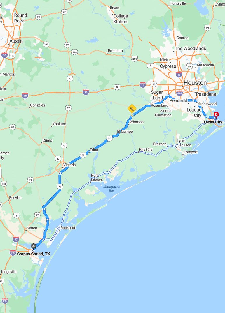 driving from Corpus Christi, Texas to Texas CityTexas - map and route