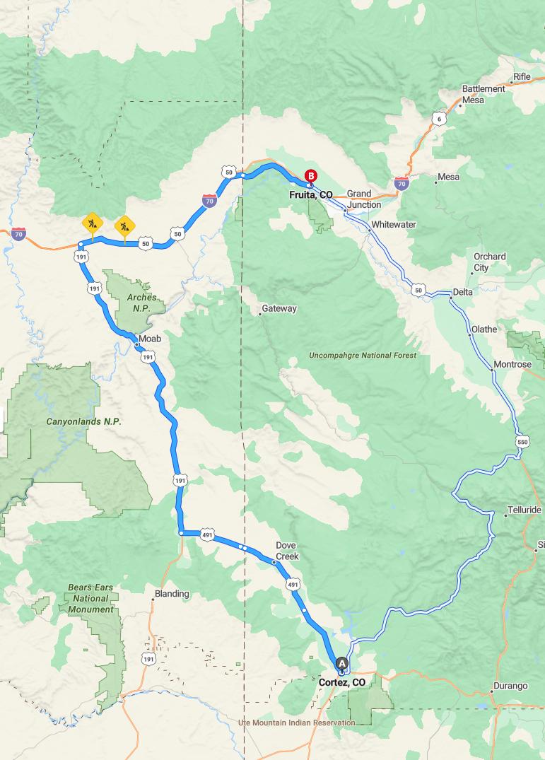 driving from Cortez, Colorado to FruitaColorado - map and route