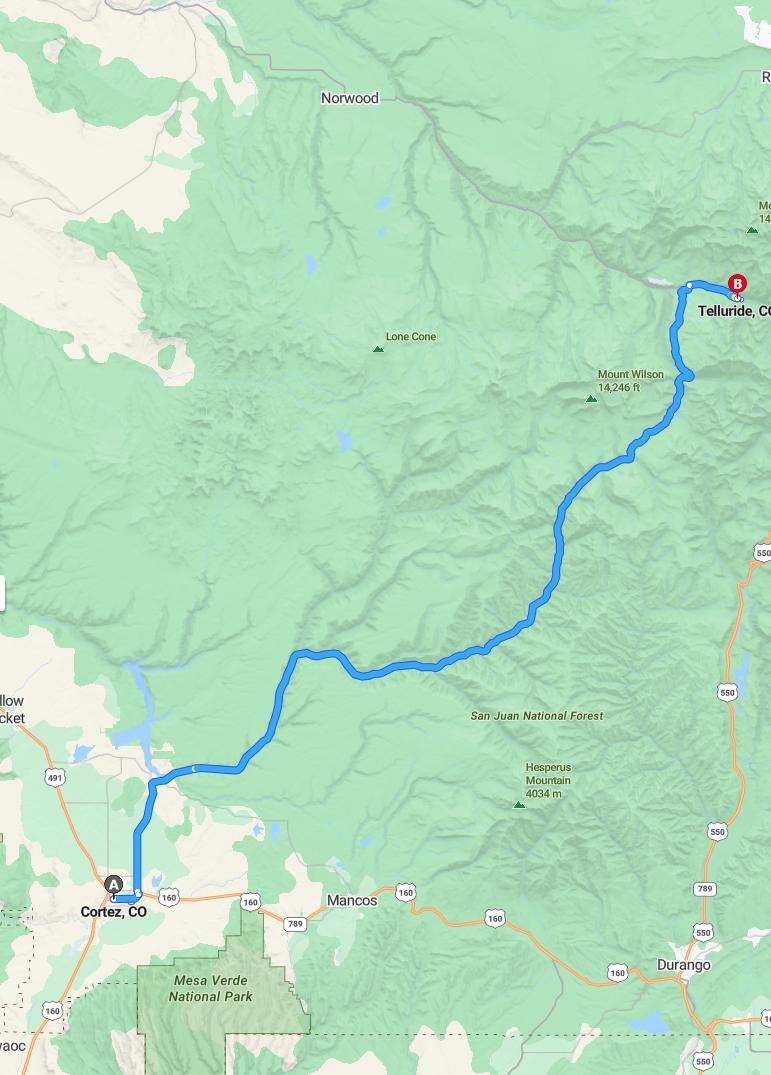 driving from Cortez, Colorado to TellurideColorado - map and route