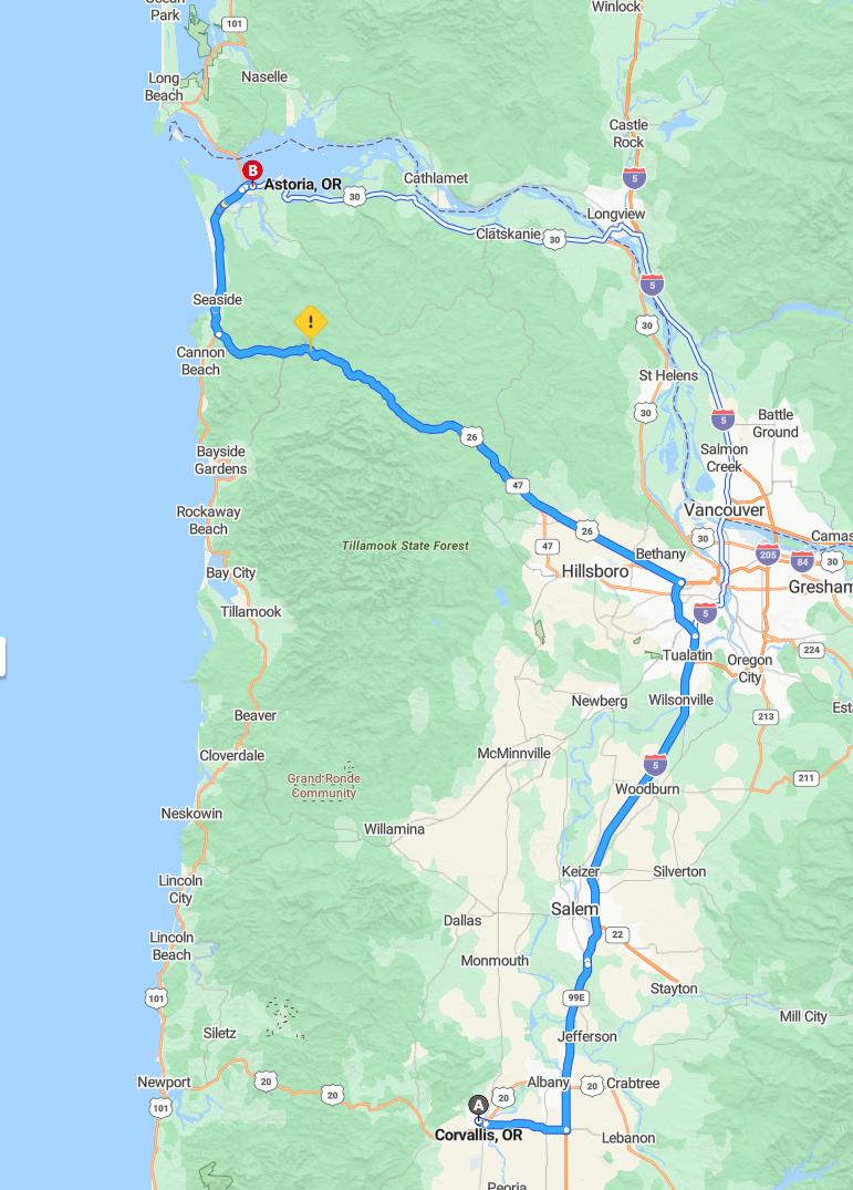 driving from Corvallis, Oregon to AstoriaOregon - map and route