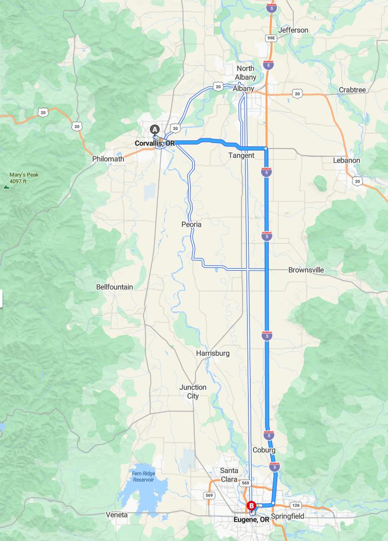 driving from Corvallis, Oregon to EugeneOregon - map and route