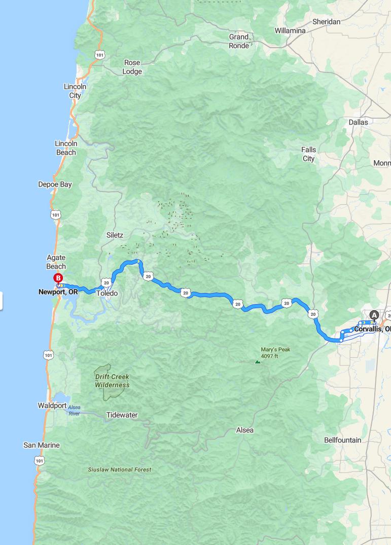 driving from Corvallis, Oregon to NewportOregon - map and route