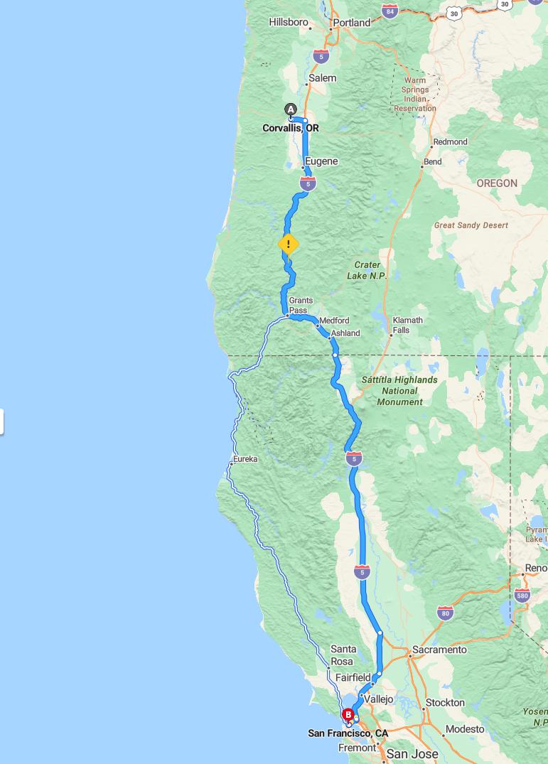 driving from Corvallis, Oregon to San FranciscoCalifornia - map and route