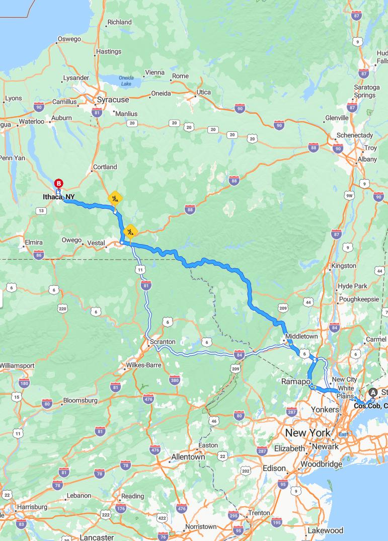 driving from Cos Cob, Connecticut to IthacaNew York - map and route