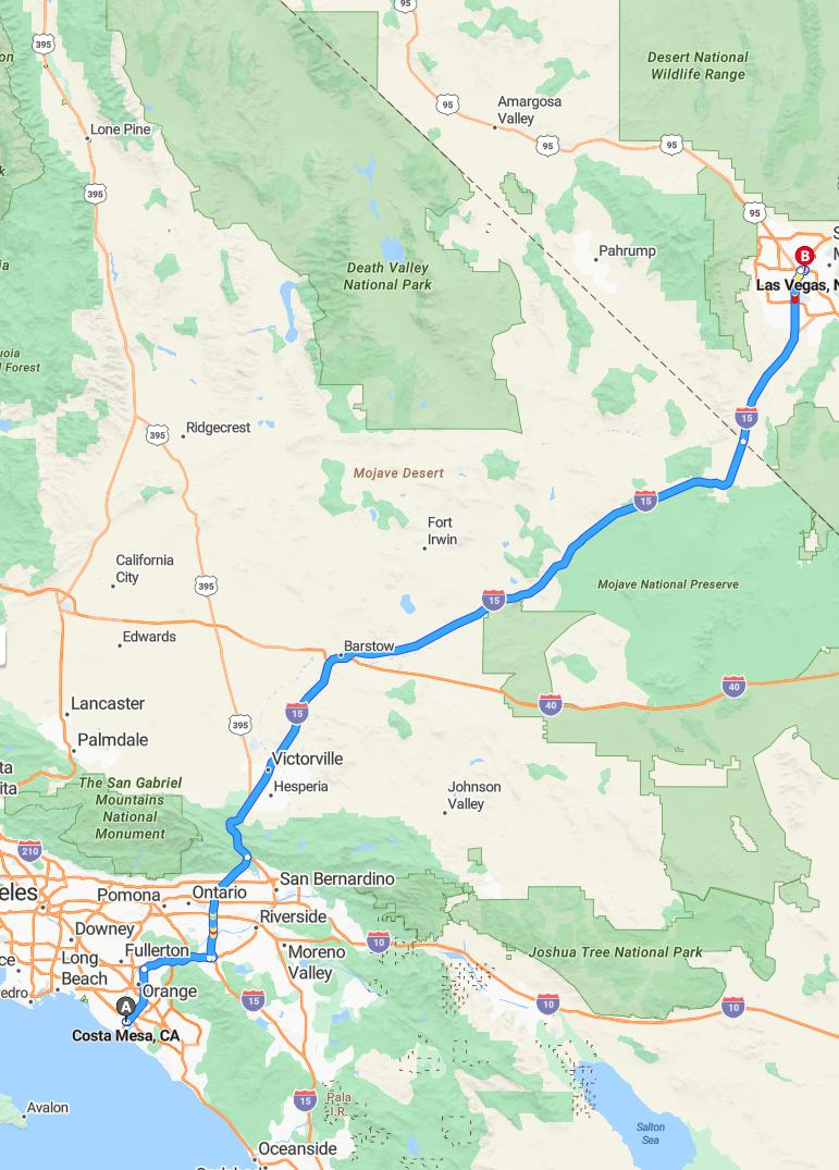 driving from Costa Mesa, California to Las VegasNevada - map and route