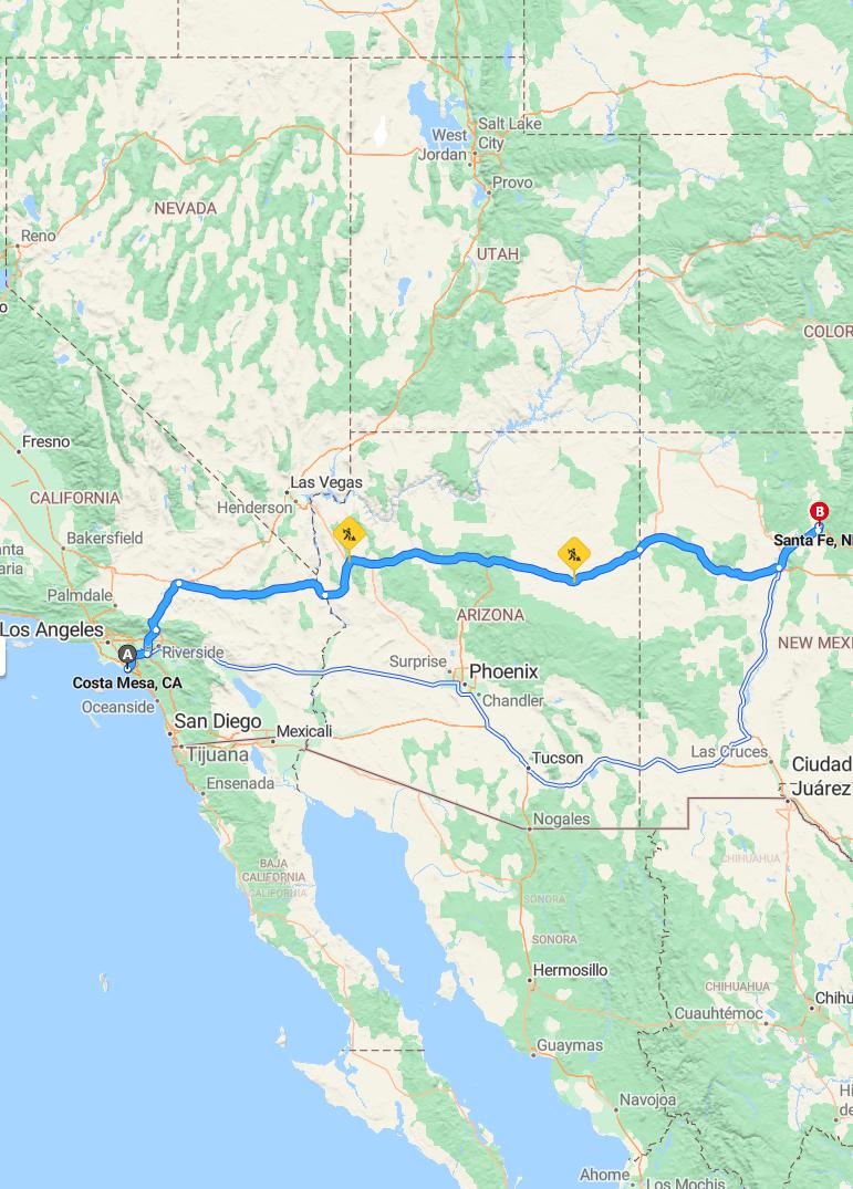 driving from Costa Mesa, California to Santa FeNew Mexico - map and route