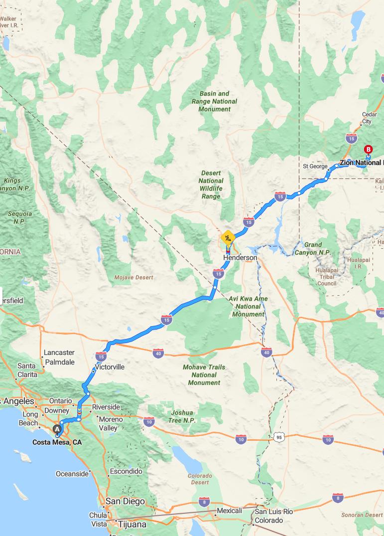 driving from Costa Mesa, California to Zion National ParkUtah - map and route